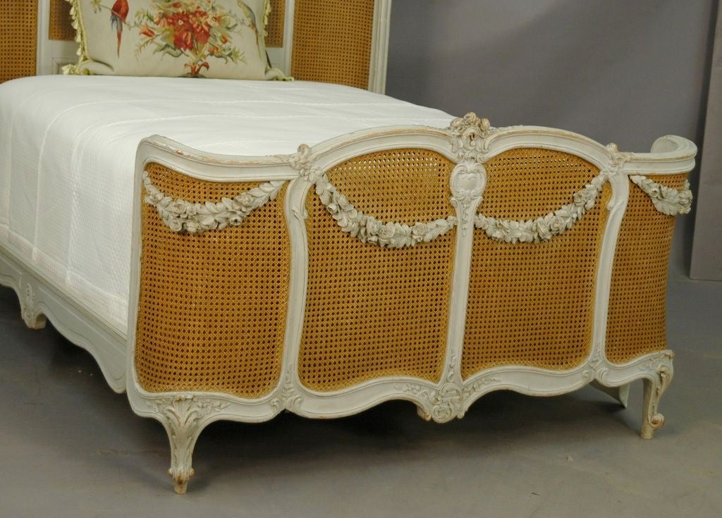 French Painted & Cane Bed with Floral Swags