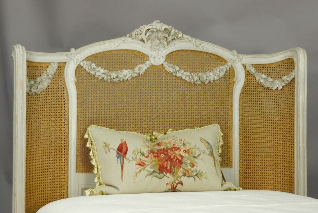 20th Century Painted & Cane Bed with Floral Swags