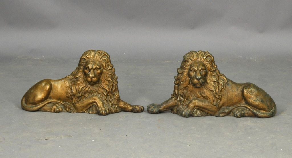 Pair of English Metal and Gold Gilt Lions, c. 1880