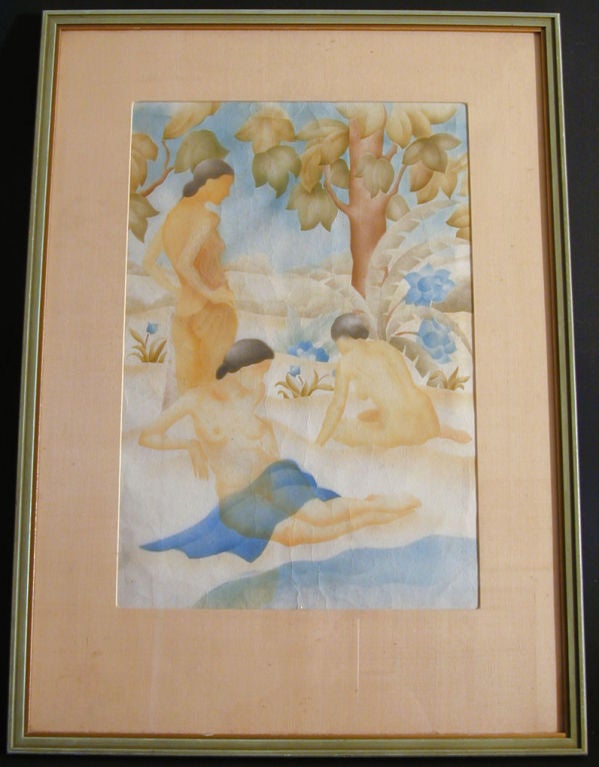 This large and important pochoir, probably by an artist in the circle of William Hentschel, one of the leading decorators for Rookwood Pottery in Cincinnati, depicts three nude female bathers in gorgeous hues of lemon, cerulean and olive.  The