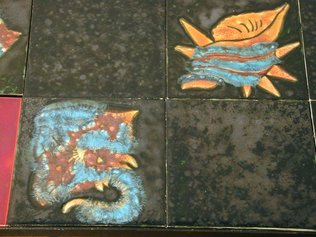 Wrought Iron Art Deco Table, Quimper Tiles, Aquatic Motif, Red & Black In Excellent Condition For Sale In Philadelphia, PA