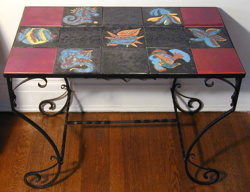 French Wrought Iron Table with Quimper Tiles, Aquatic Motif For Sale