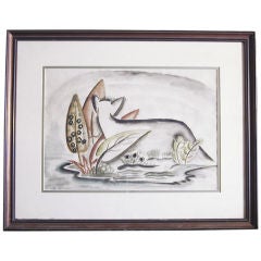 "Deer Along the Stream, " Art Deco watercolor