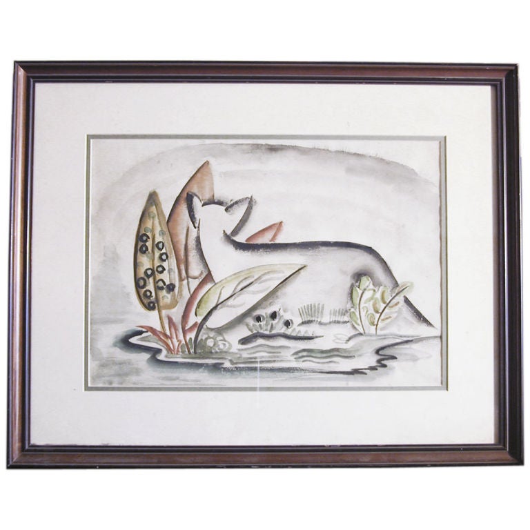 "Deer Along the Stream, " Art Deco watercolor For Sale