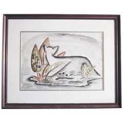 Deer Along the Stream, aquarelle Art Déco