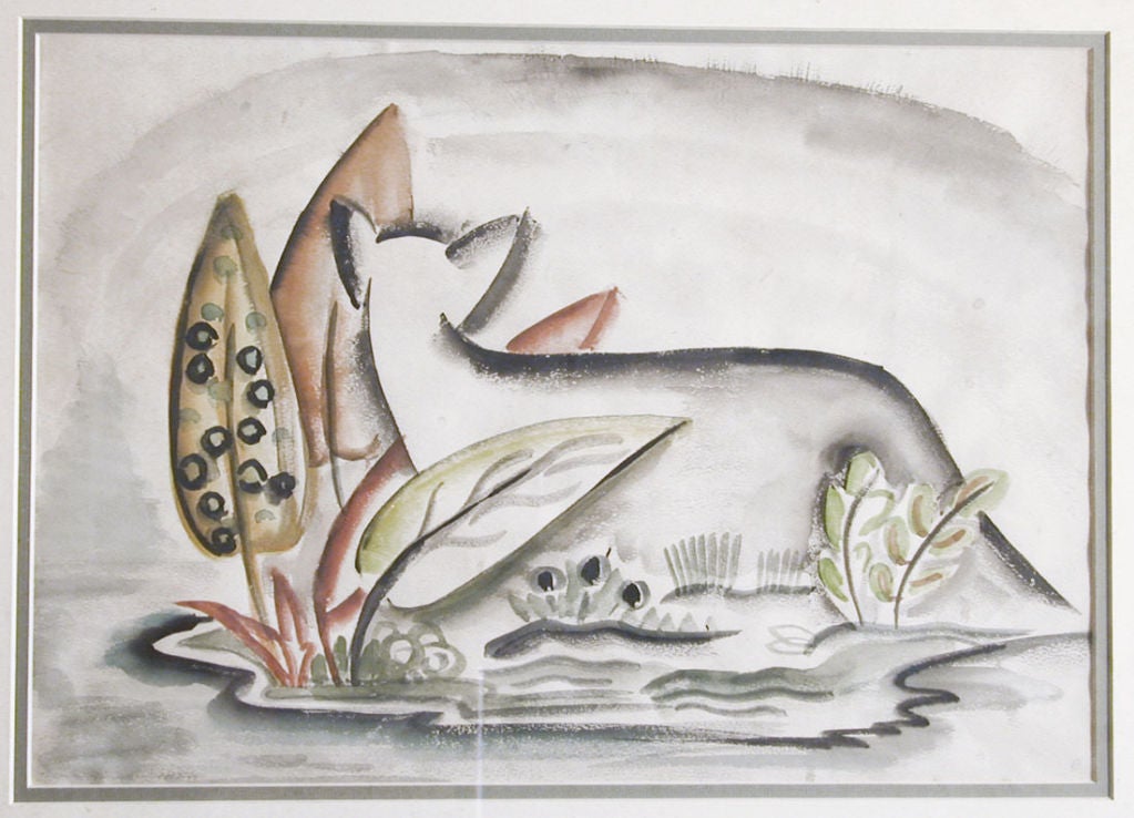Beautifully composed and expertly painted, this lovely watercolor of a stylized deer amidst lush foliage by the edge of a stream is a classic Art Deco painting.  It is attributed to a New York woman artist, but is unsigned.