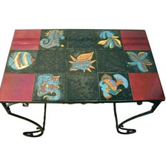 Wrought Iron Art Deco Table, Quimper Tiles, Aquatic Motif, Red & Black
