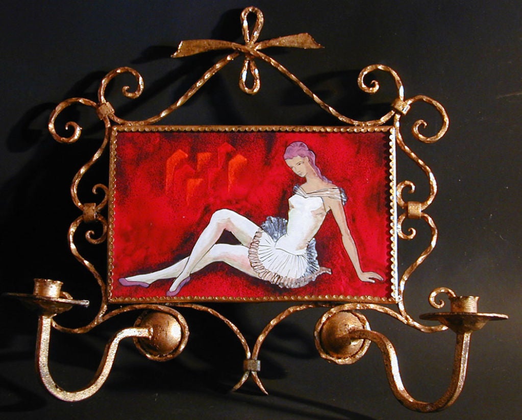 Pair of Gilded Wrought Iron Sconces with Enamel Plaques