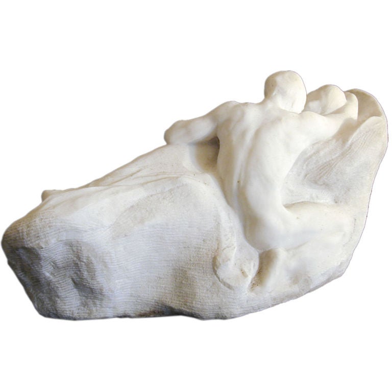 „Erst geboren“, Art-Déco-Marmorskulptur von Chester Beach, von Rodin beeinflusst