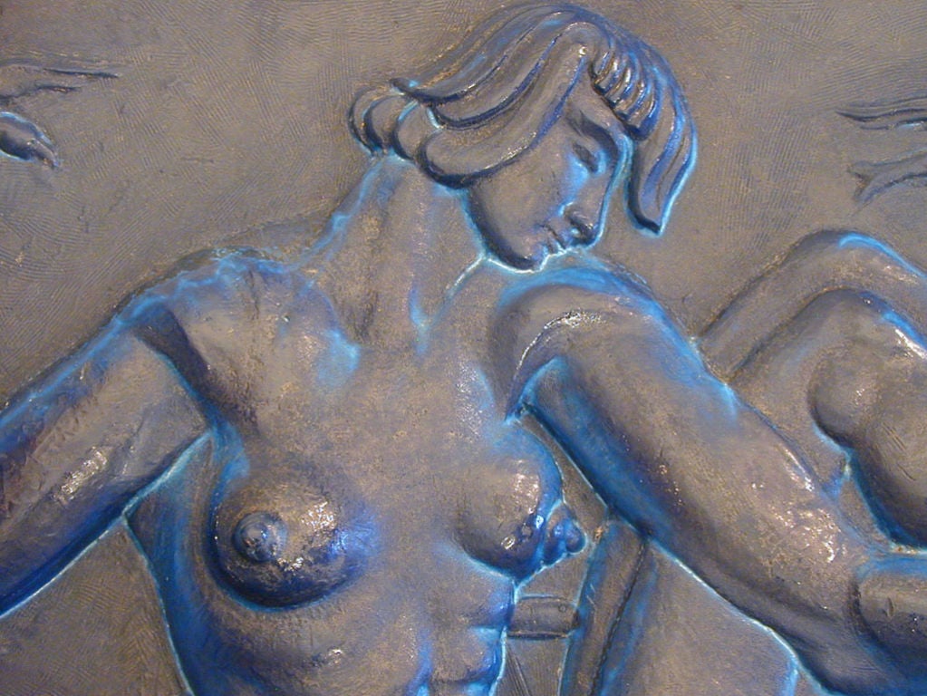 Art Deco sculptural bas relief featuring stylized nude female with spouting fish and flying birds by Boris Blai.  Created in 1956 from molded fiberglass patinated to imitate cast bronze.  Blai was an important sculptor who studied in Kiev, St.