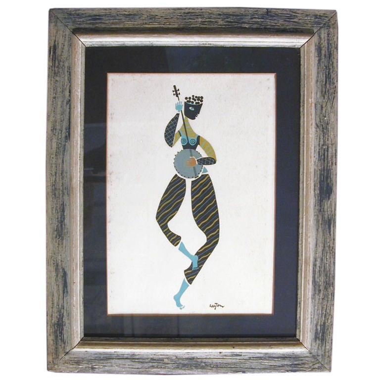 "Banjo Player, " 1950s gouache painting For Sale