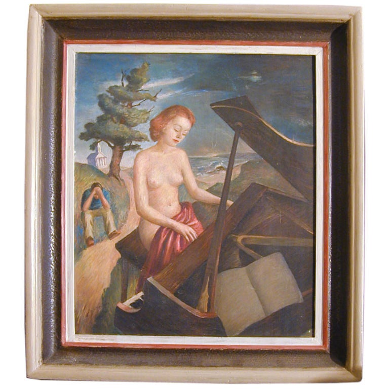 "Nude at the Piano, " surrealist oil painting