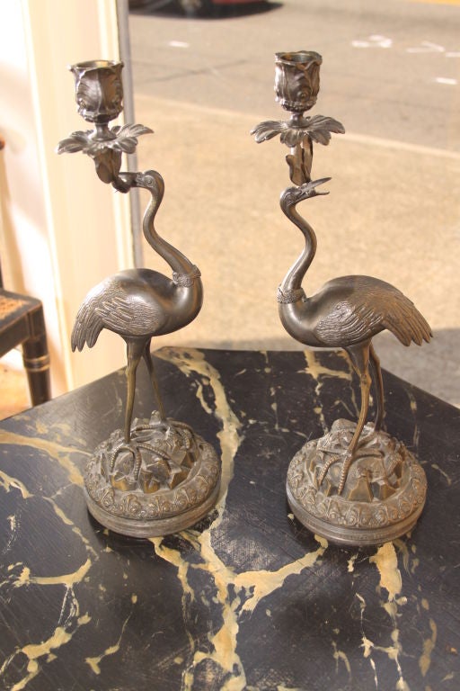 Pair or Regency Style Crane Candlesticks For Sale 4