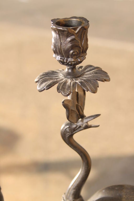 Bronze Pair or Regency Style Crane Candlesticks For Sale