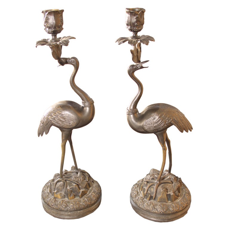 Pair or Regency Style Crane Candlesticks For Sale