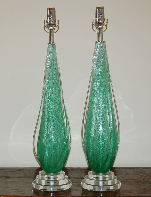 Mid-Century Modern Vintage Coke Bottle Green Pulegoso Murano Glass Lamps by Seguso For Sale