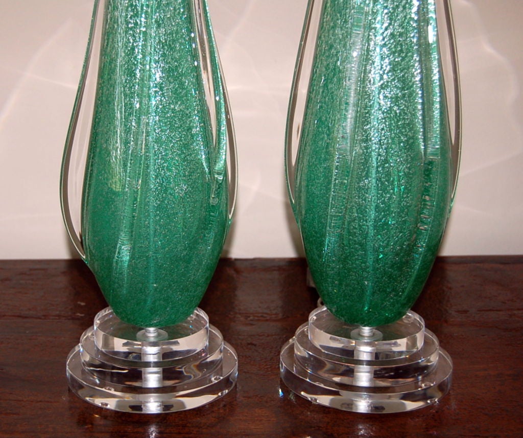 Italian Vintage Coke Bottle Green Pulegoso Murano Glass Lamps by Seguso For Sale