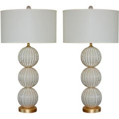 Pair of White Murano Lamps, Stacked Balls with 24kt. Gold Dust