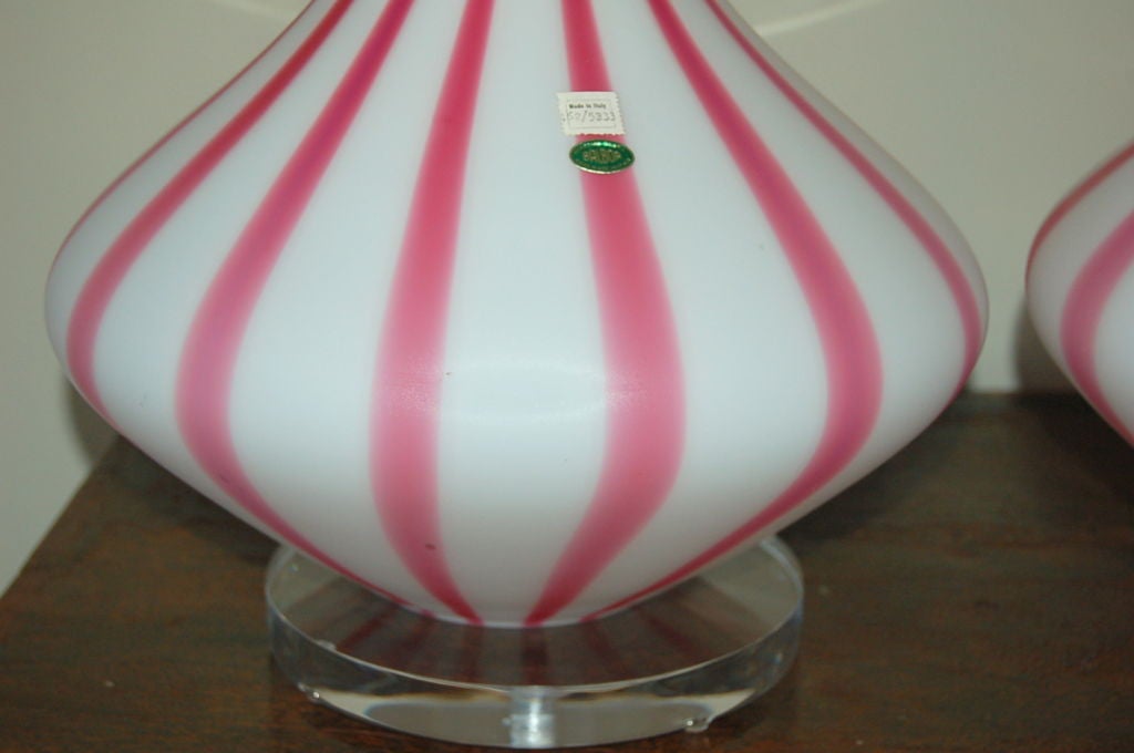 20th Century Striped Murano Table Lamps in Magenta and White