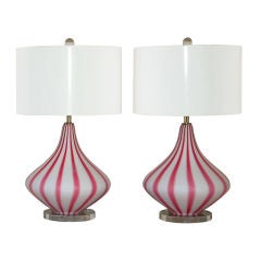 Vintage Striped Murano Table Lamps in Magenta and White