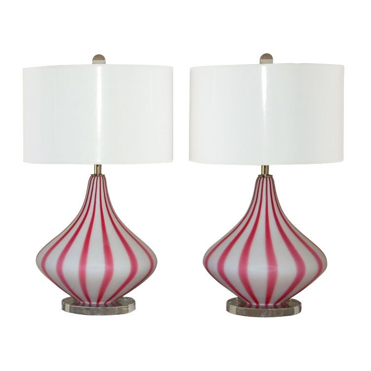 Striped Murano Table Lamps in Magenta and White