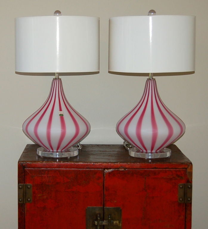 Mid-Century Modern Striped Murano Table Lamps in Magenta and White