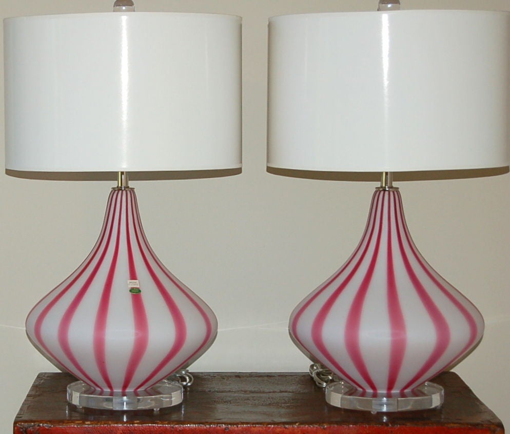 Italian Striped Murano Table Lamps in Magenta and White