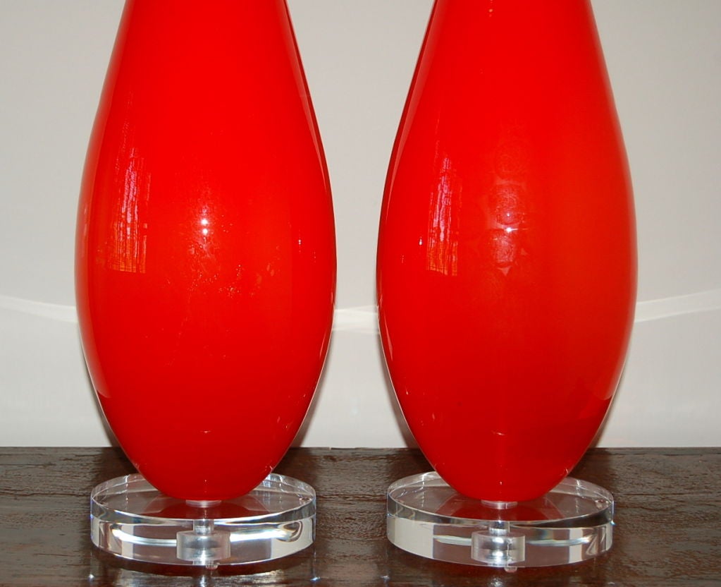 Plated Pair of Chinese Red Vintage Murano Lamps a la Venini