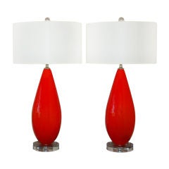 Pair of Chinese Red Vintage Murano Lamps a la Venini