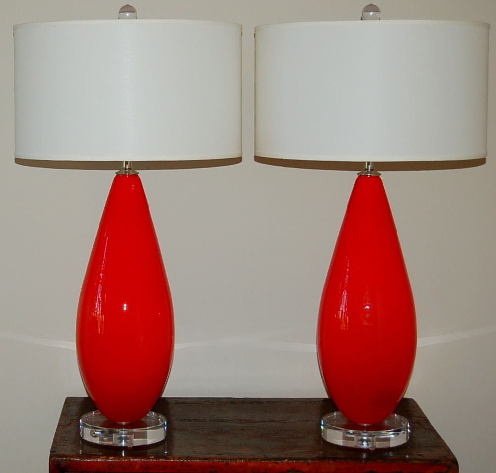 Mid-Century Modern Pair of Chinese Red Vintage Murano Lamps a la Venini