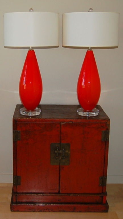 Italian Pair of Chinese Red Vintage Murano Lamps a la Venini