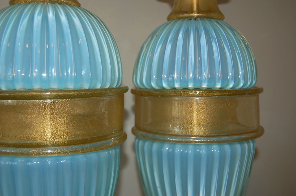 Matched Pair of Opaline Murano Table Lamps by Marbro in Sky Blue In Excellent Condition For Sale In Little Rock, AR