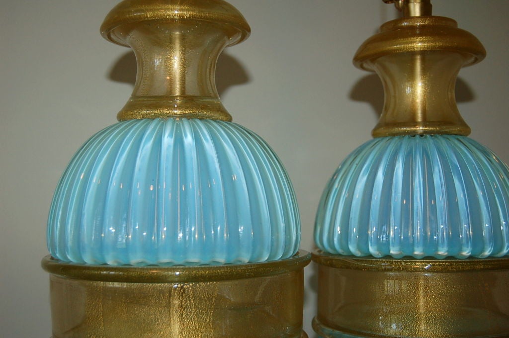 20th Century Matched Pair of Opaline Murano Table Lamps by Marbro in Sky Blue For Sale