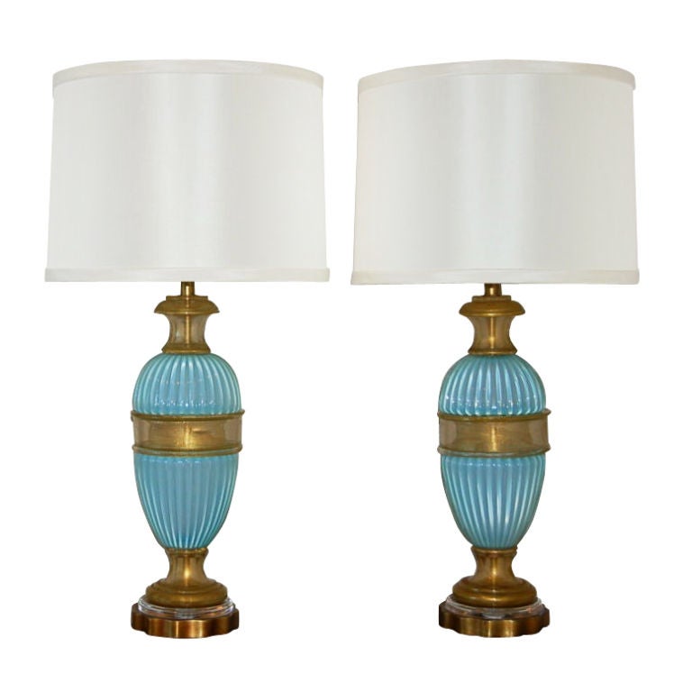 Matched Pair of Opaline Murano Table Lamps by Marbro in Sky Blue For Sale