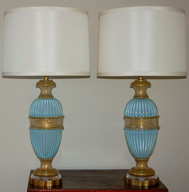 Mid-Century Modern Matched Pair of Opaline Murano Table Lamps by Marbro in Sky Blue For Sale