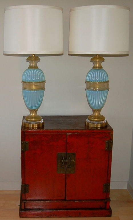 Italian Matched Pair of Opaline Murano Table Lamps by Marbro in Sky Blue For Sale