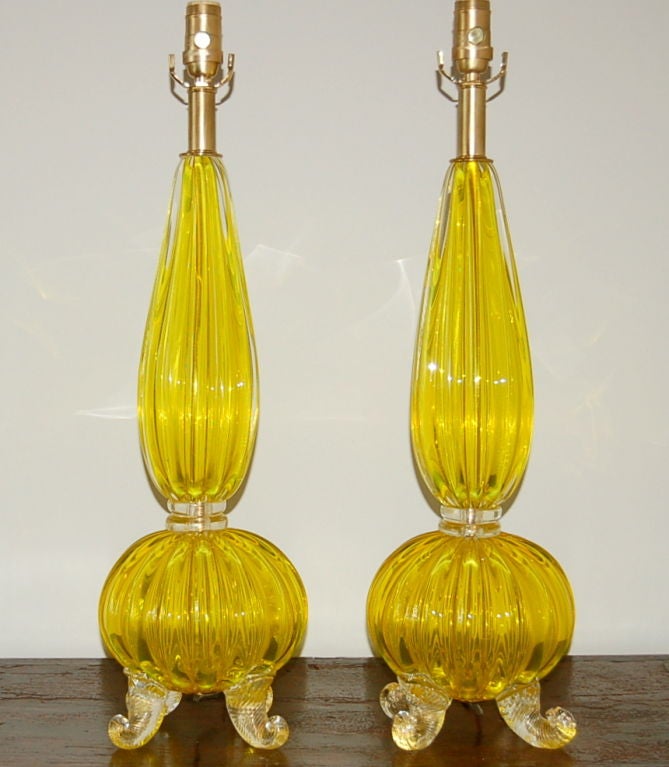 Italian Archimedes Seguso - Yellow Opaline Footed Murano Lamps