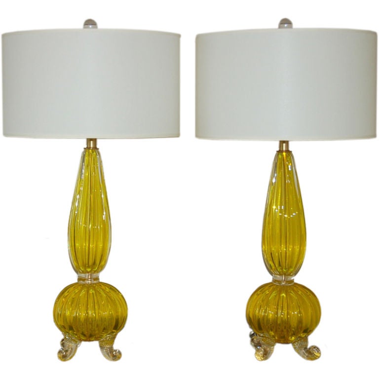 Archimedes Seguso - Yellow Opaline Footed Murano Lamps