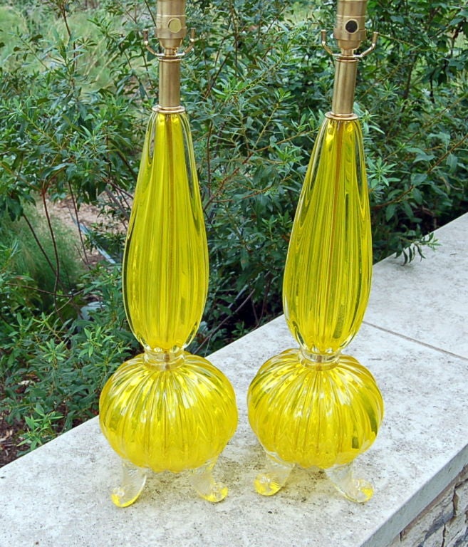 Archimedes Seguso - Yellow Opaline Footed Murano Lamps In Excellent Condition In Little Rock, AR