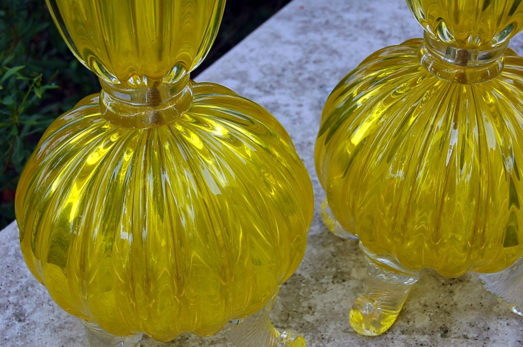 Murano Glass Archimedes Seguso - Yellow Opaline Footed Murano Lamps