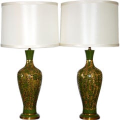 Pair of Carved Ceramic Marbro Lamps in Lime and Gold