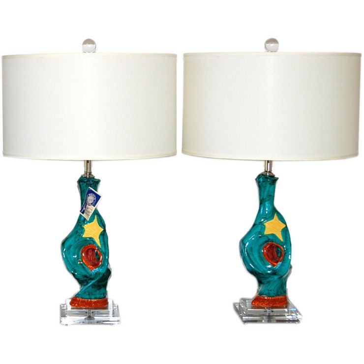 Matched Pair of Abstract Ceramic Lamps by Deruta For Sale