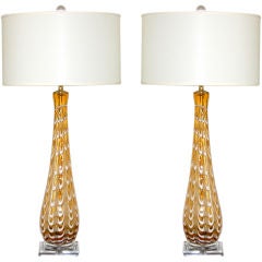 Vintage Murano Table Lamps:  Amber & White Pulled Feather Detail
