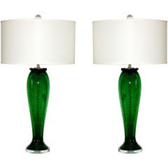 Vintage Murano Table Lamps in Green with Controlled Bubbles