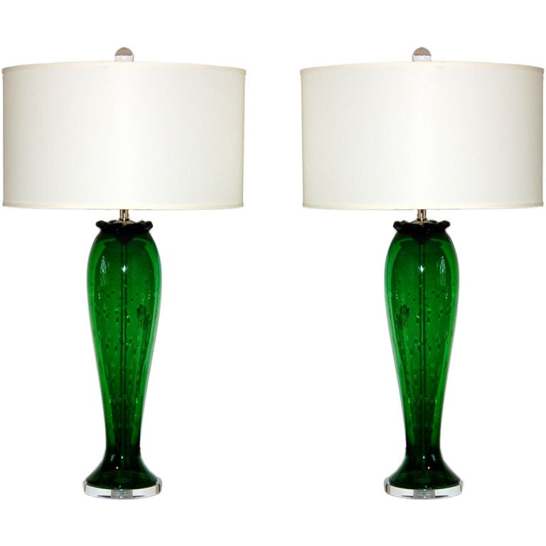 Vintage Murano Table Lamps in Green with Controlled Bubbles