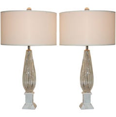 Crystal Murano Lamps with Silver Inclusion, Carrera Marble Bases