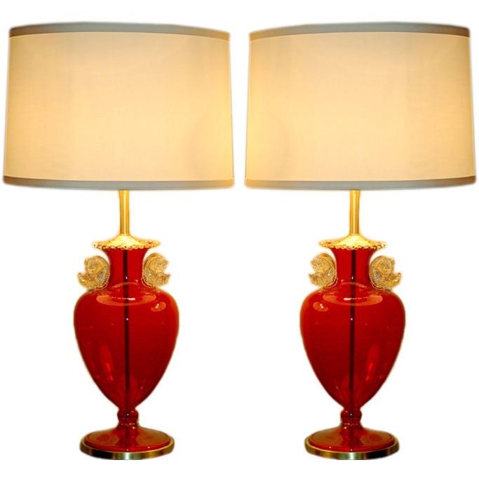 Barovier & Toso Dolphin Urn Murano Lamps of Red and Gold