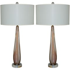 Matched Pair of Vintage Murano Striped Table Lamps in Purple