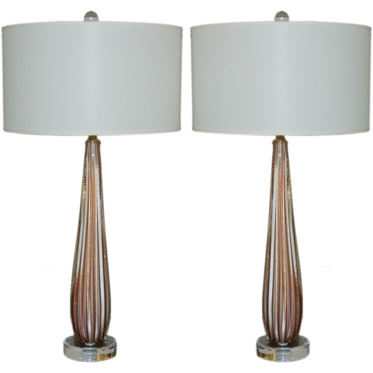 Matched Pair of Vintage Murano Striped Table Lamps in Purple For Sale