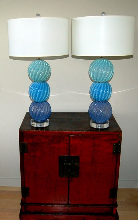 Tri color stacked ball table lamps in vintage Murano opaline glass of powder blue, sky blue, and deep lavender.  Controlled bubbles and vertical swirling ribs.<br />
<br />
26 1/2